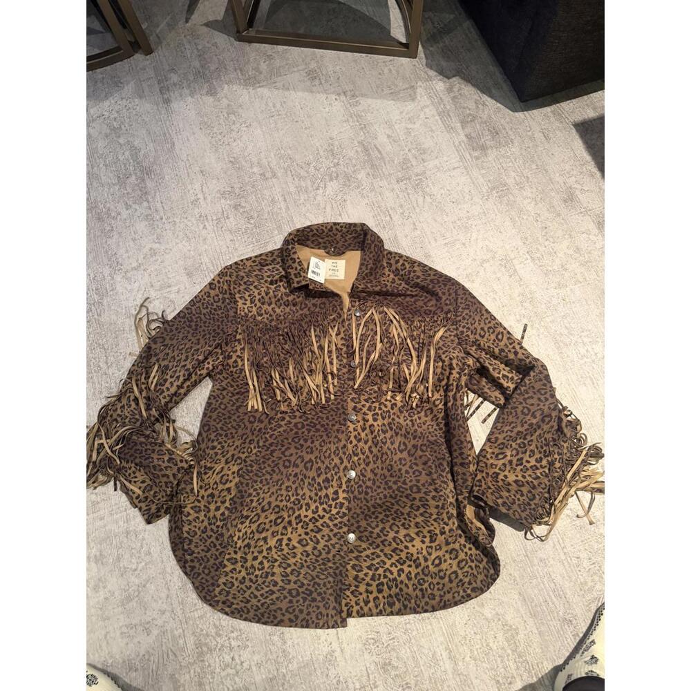 NWT Free People We the Free Leopard Print Fringe Vegan Suede Shirt Jacket L - Picture 3 of 7